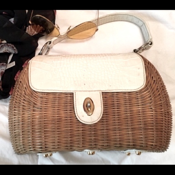 White Leather and wicker Eric Javits Basket bag purse - Picture 2 of 8